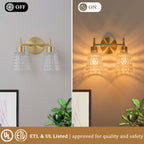 2 Light Gold Vanity Lights Clear Diamond Glass Shades Modern Wall Sconce - product image 15 | Zenvolit