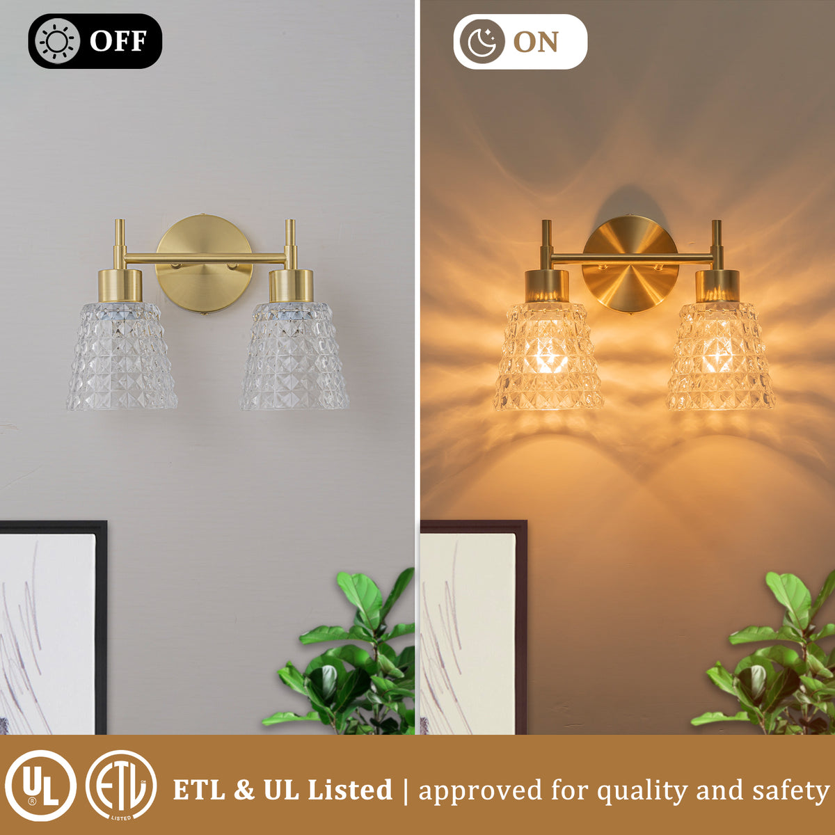 2 Light Gold Vanity Lights Clear Diamond Glass Shades Modern Wall Sconce - product image 15 | Zenvolit