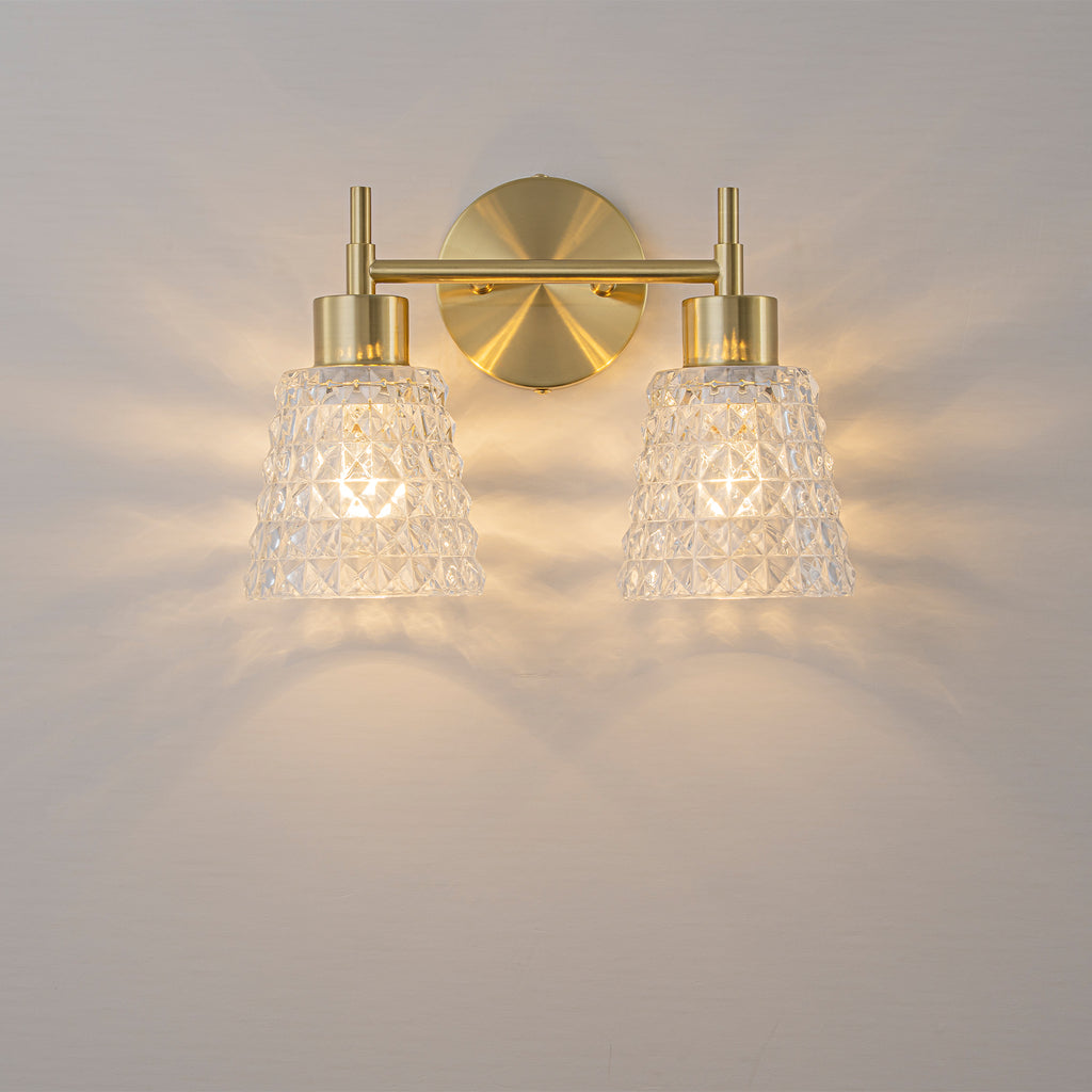 2 Light Gold Vanity Lights Clear Diamond Glass Shades Modern Wall Sconce - product image 16 | Zenvolit