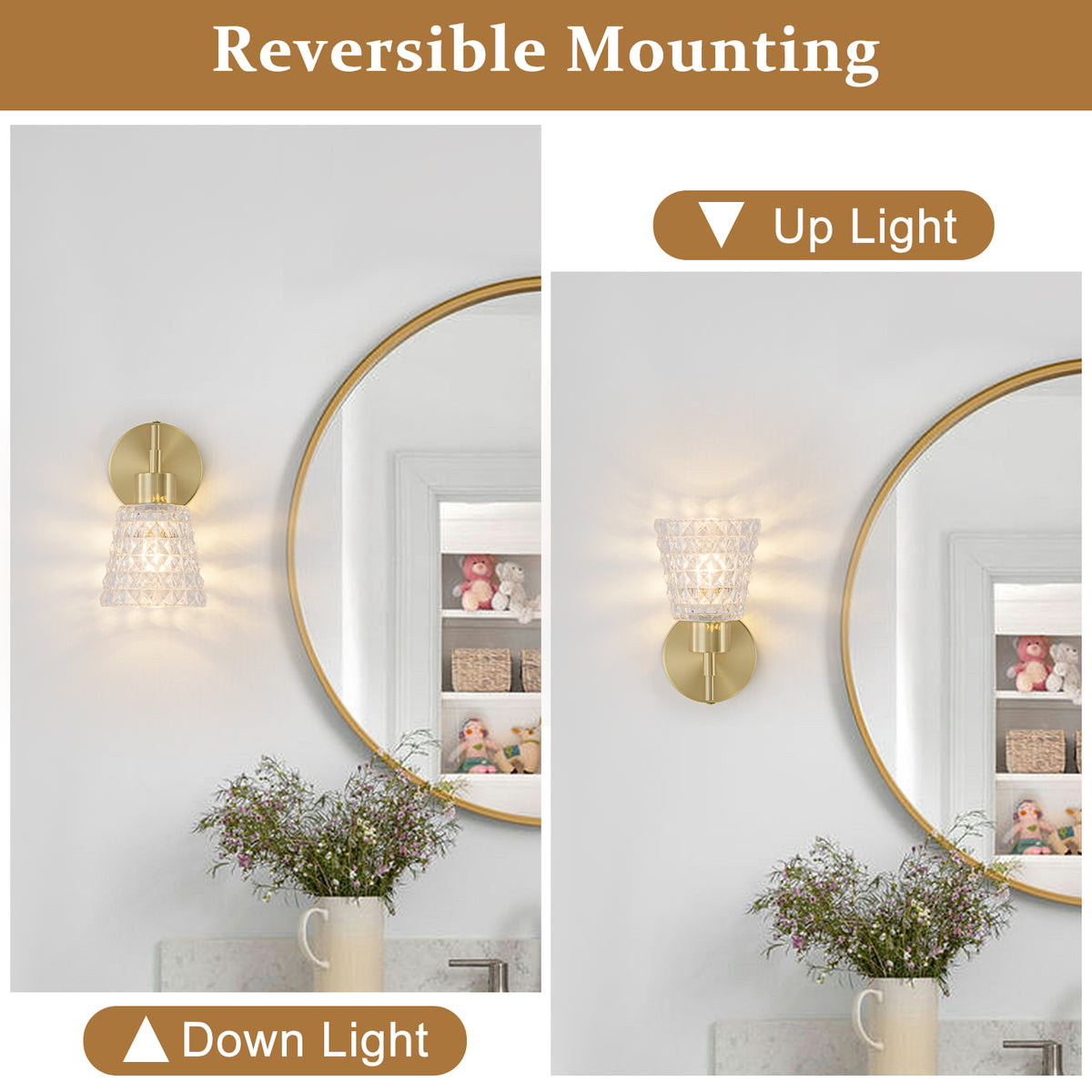 1 Light Gold Vanity Lights Clear Diamond Glass Shades Modern Wall Sconce - product image 12 | Zenvolit