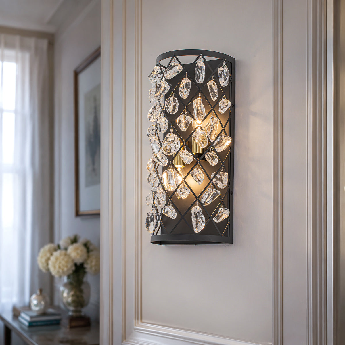 2-Light Modern Crystal Cage Wall Sconce Black Metal Light Clear Stone Drops - product image 2 | Zenvolit