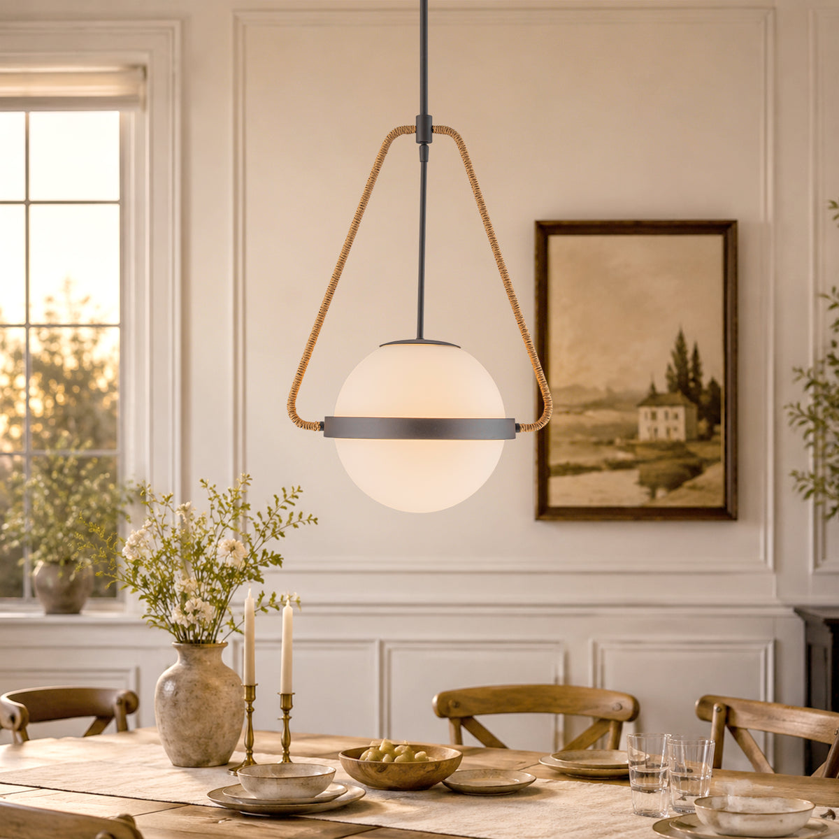 Modern Coffee Iron Pendant Light Natural Rope White Globe Glass Shade - product image 2 | Zenvolit