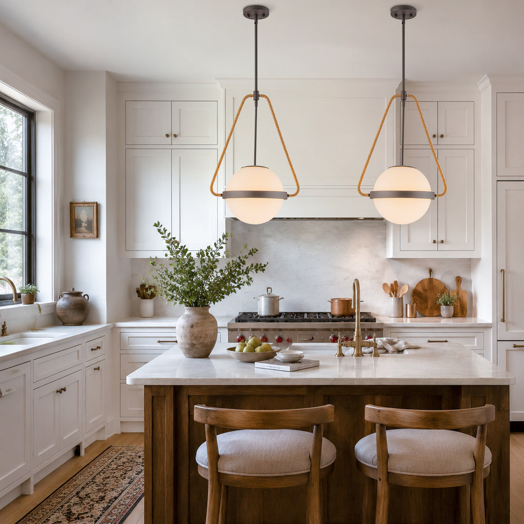 Modern Coffee Iron Pendant Light Natural Rope White Globe Glass Shade - product image 3 | Zenvolit