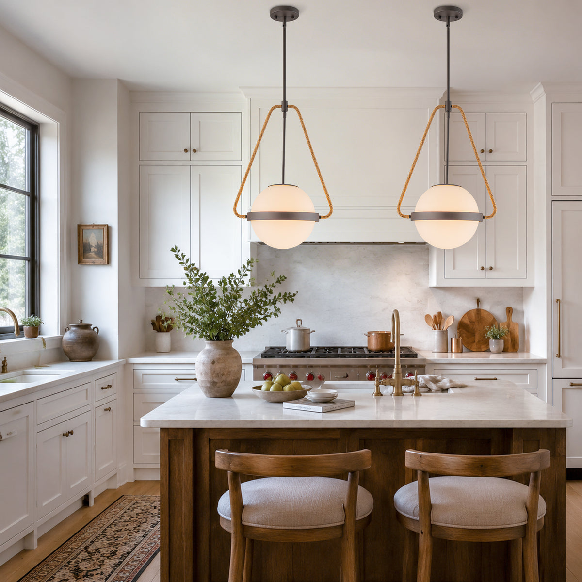 Modern Coffee Iron Pendant Light Natural Rope White Globe Glass Shade - product image 3 | Zenvolit
