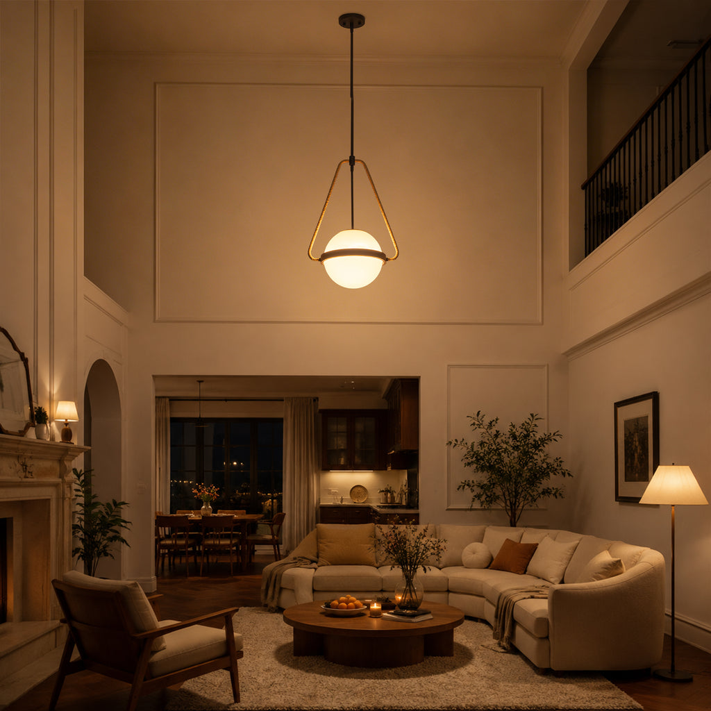 Modern Coffee Iron Pendant Light Natural Rope White Globe Glass Shade - product image 4 | Zenvolit