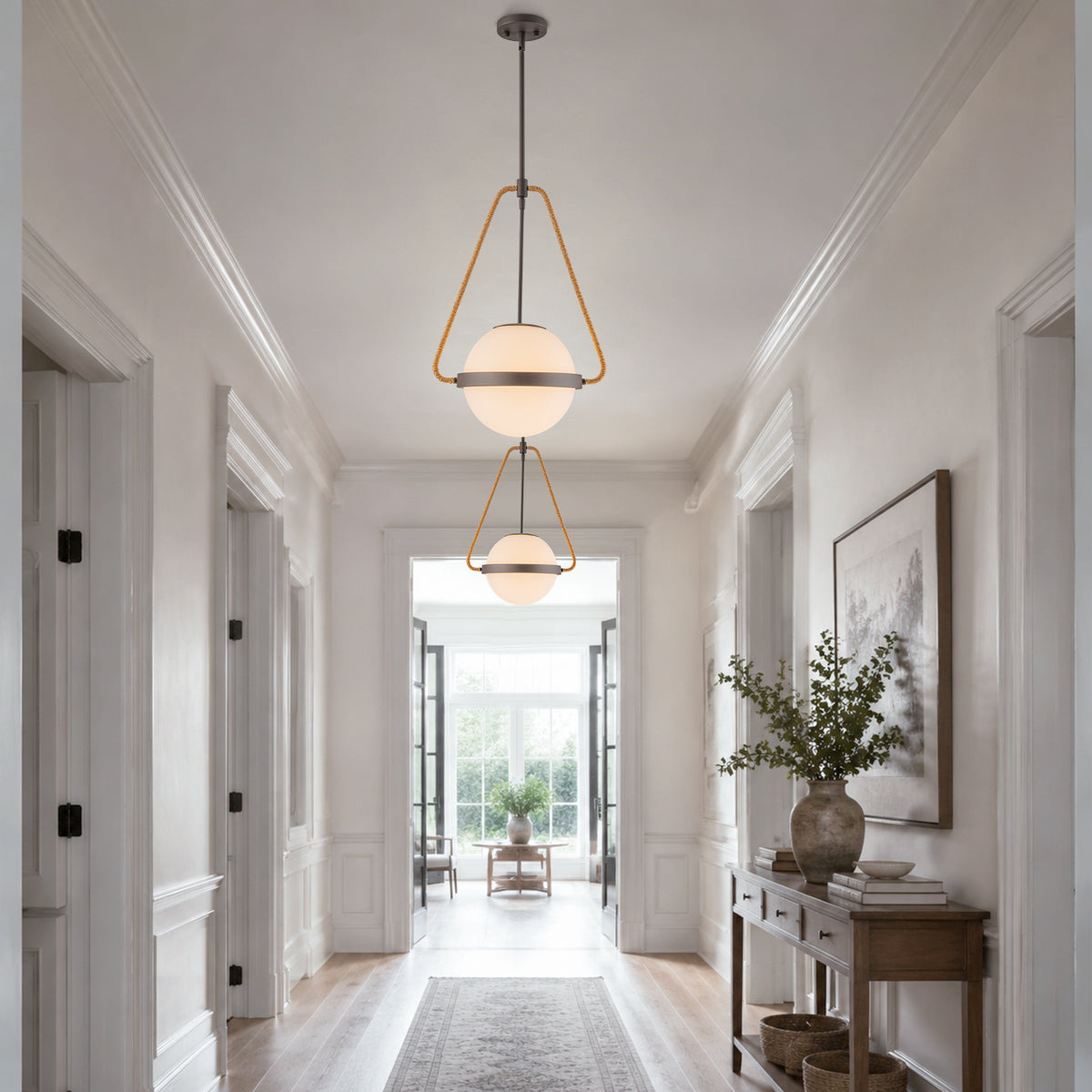 Modern Coffee Iron Pendant Light Natural Rope White Globe Glass Shade - product image 5 | Zenvolit