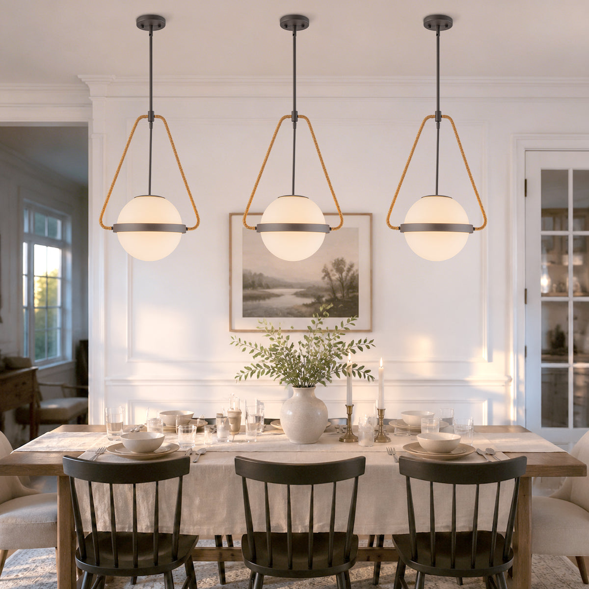 Modern Coffee Iron Pendant Light Natural Rope White Globe Glass Shade - product image 6 | Zenvolit