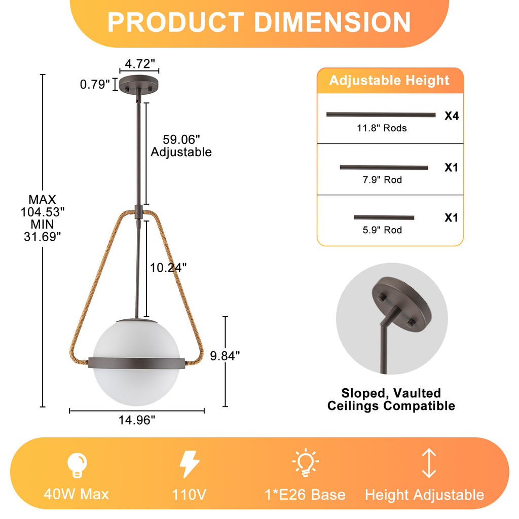 Modern Coffee Iron Pendant Light Natural Rope White Globe Glass Shade - product image 7 | Zenvolit