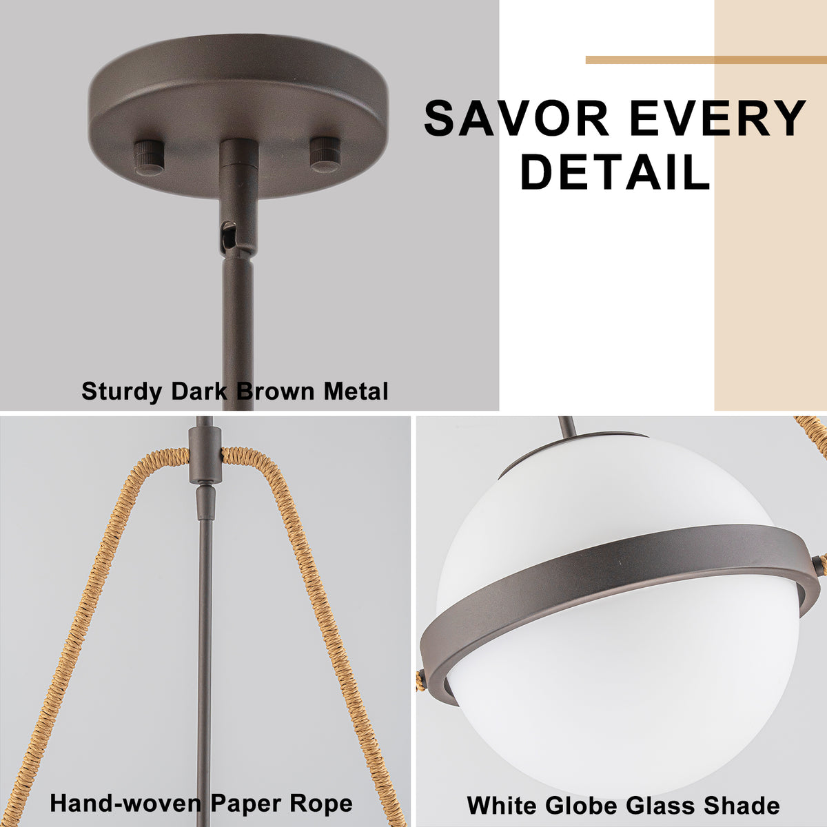 Modern Coffee Iron Pendant Light Natural Rope White Globe Glass Shade - product image 13 | Zenvolit