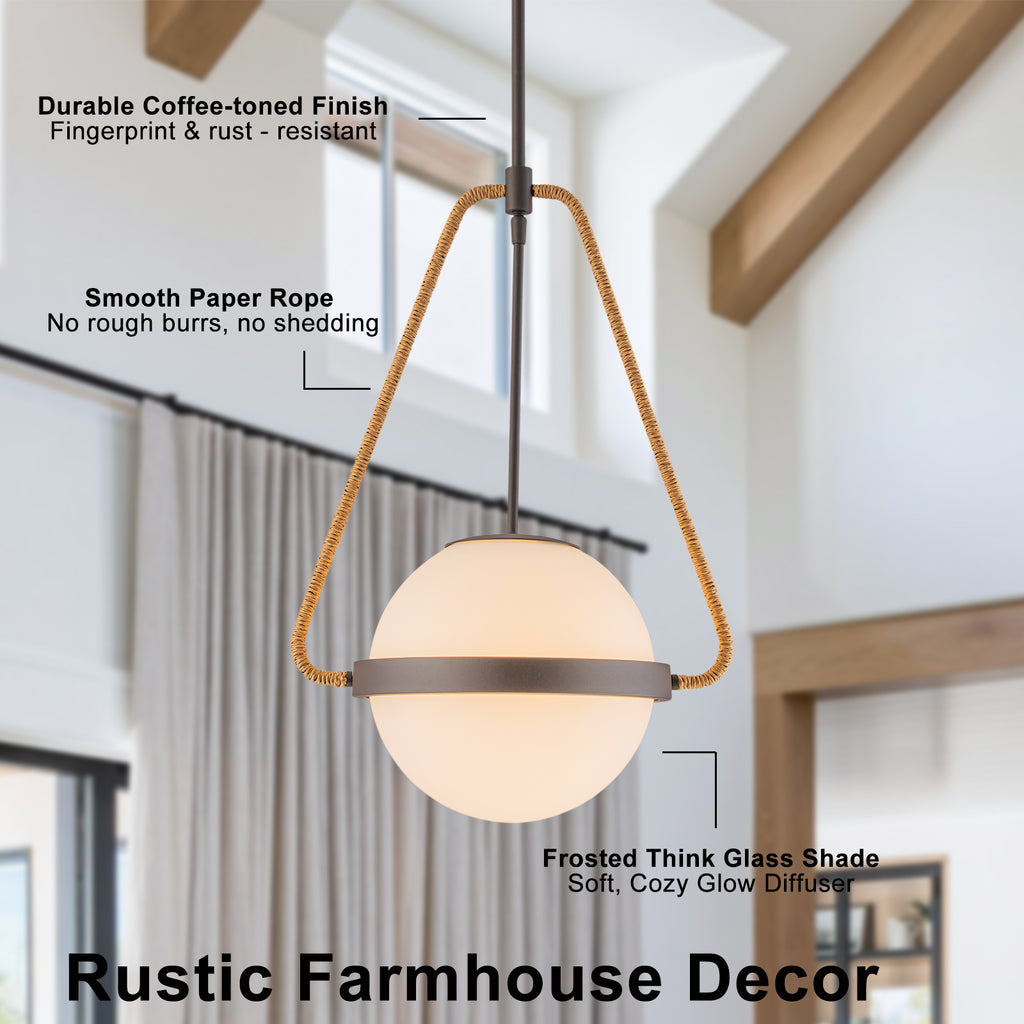 Modern Coffee Iron Pendant Light Natural Rope White Globe Glass Shade - product image 14 | Zenvolit