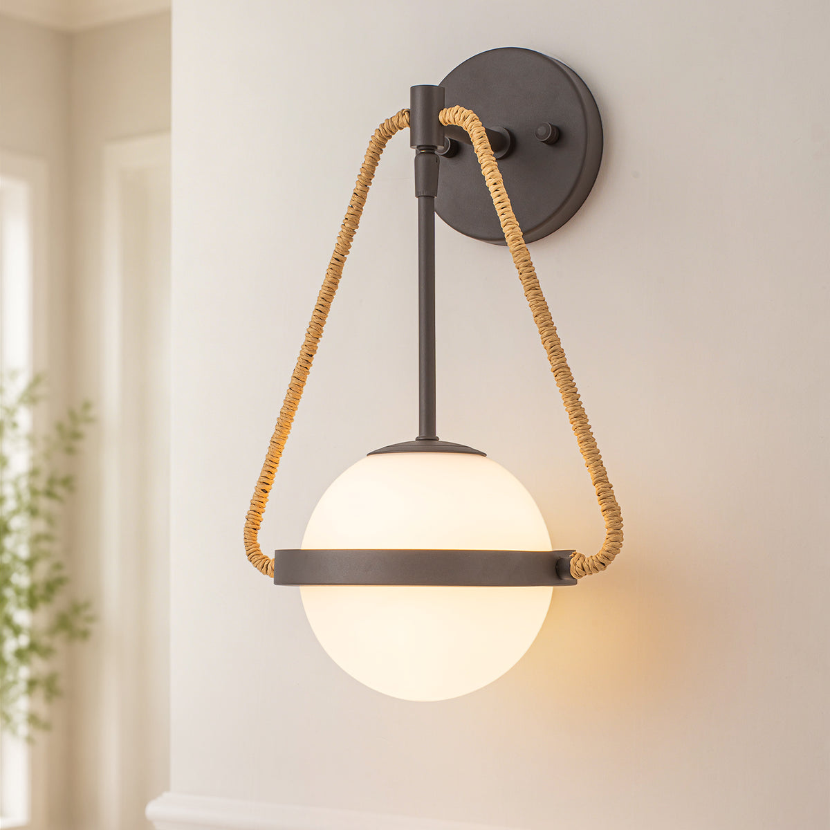 Rattan Wrapped Coffee Metal Wall Sconce Frosted Milk Glass Shade - product image 2 | Zenvolit