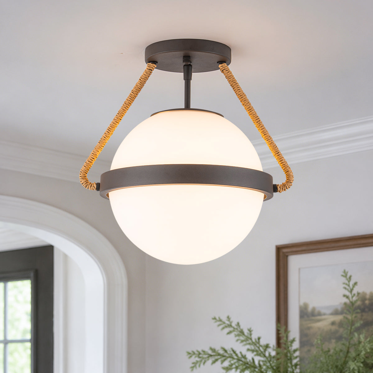 Rattan Wrapped Semi-Flush Mount Lights Frosted Milk Glass Shade - product image 2 | Zenvolit