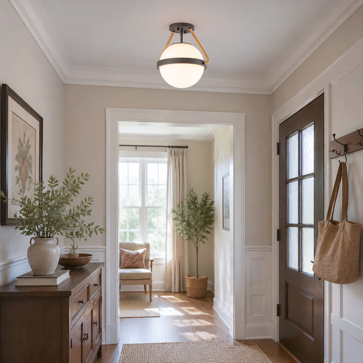 Rattan Wrapped Semi-Flush Mount Lights Frosted Milk Glass Shade - product image 3 | Zenvolit