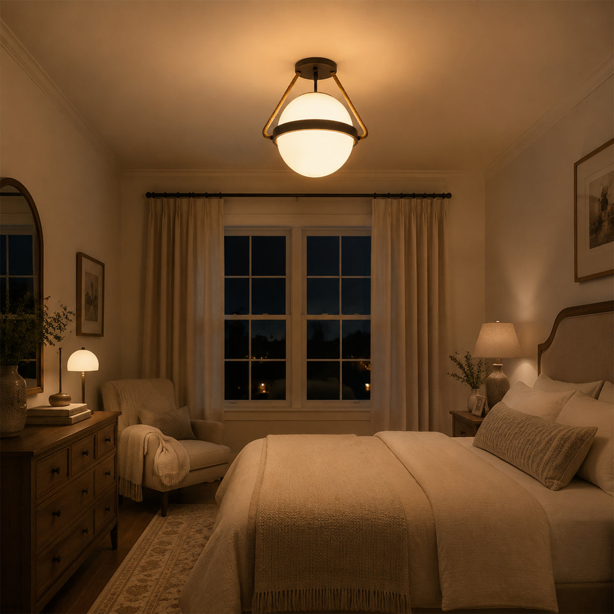 Rattan Wrapped Semi-Flush Mount Lights Frosted Milk Glass Shade - product image 4 | Zenvolit