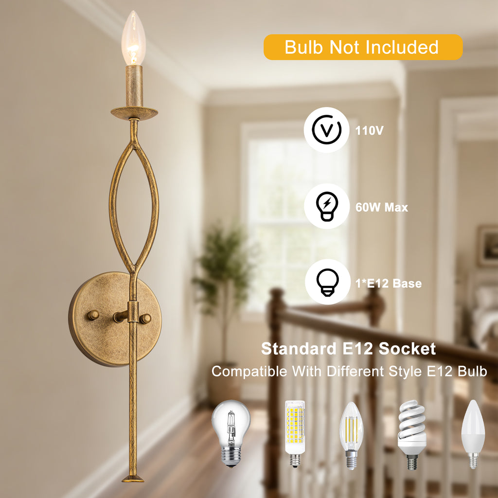 Antique Gold Dimmable Candle Wall Sconce for Bedroom Foyer Living Room
