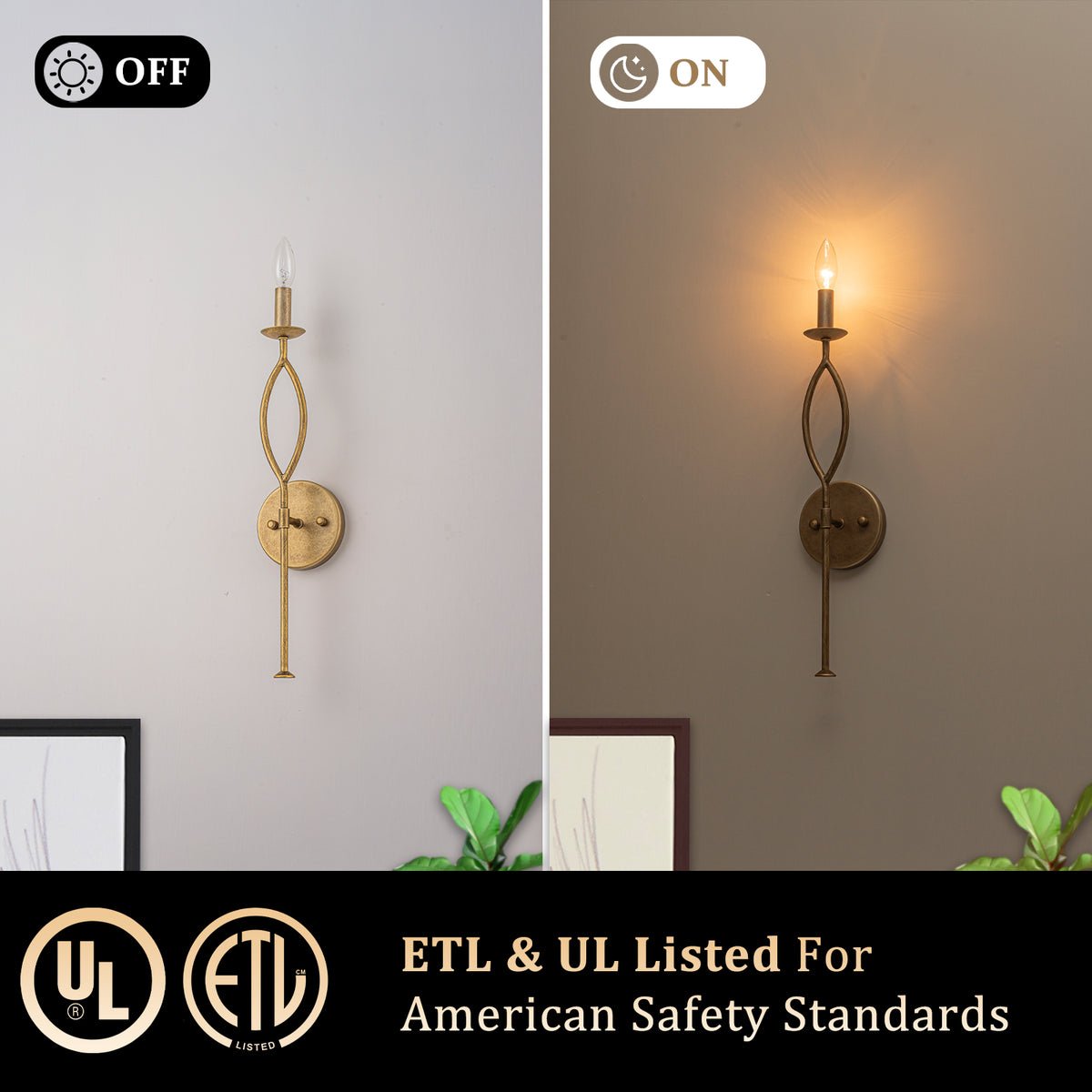 Antique Gold Dimmable Candle Wall Sconce for Bedroom Foyer Living Room