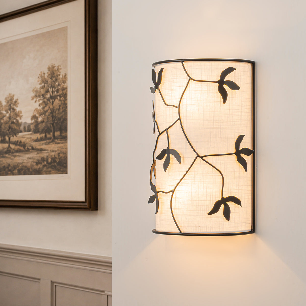2-Light Black Floral Branch Wall Sconce White Linen Fabric Shade - product image 2 | Zenvolit