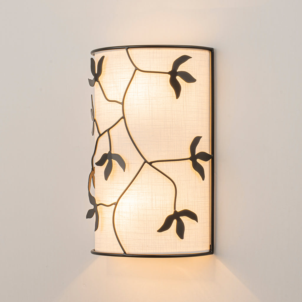 2-Light Black Floral Branch Wall Sconce White Linen Fabric Shade - product image 5 | Zenvolit