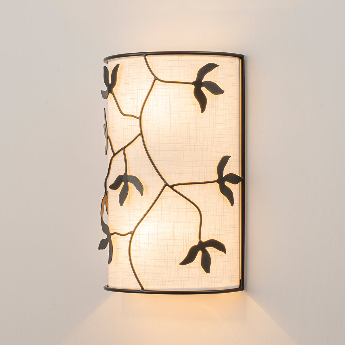 2-Light Black Floral Branch Wall Sconce White Linen Fabric Shade - product image 5 | Zenvolit