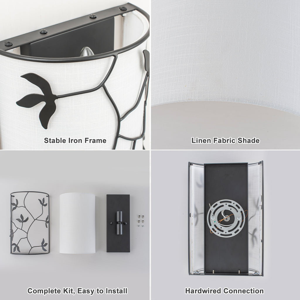 2-Light Black Floral Branch Wall Sconce White Linen Fabric Shade - product image 7 | Zenvolit