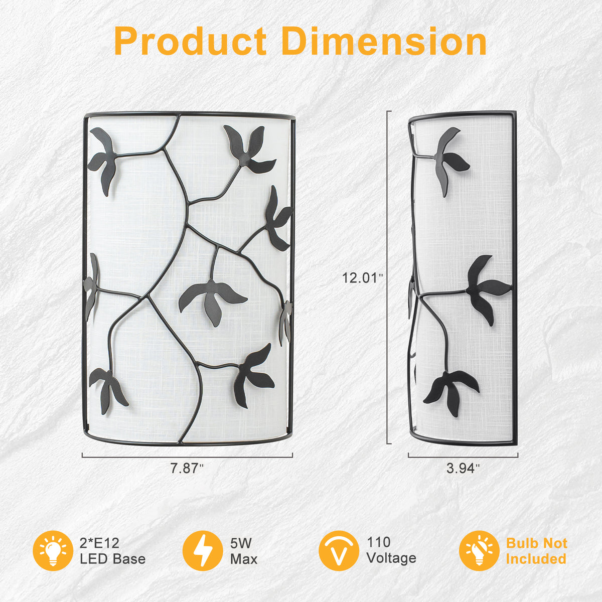 2-Light Black Floral Branch Wall Sconce White Linen Fabric Shade - product image 8 | Zenvolit