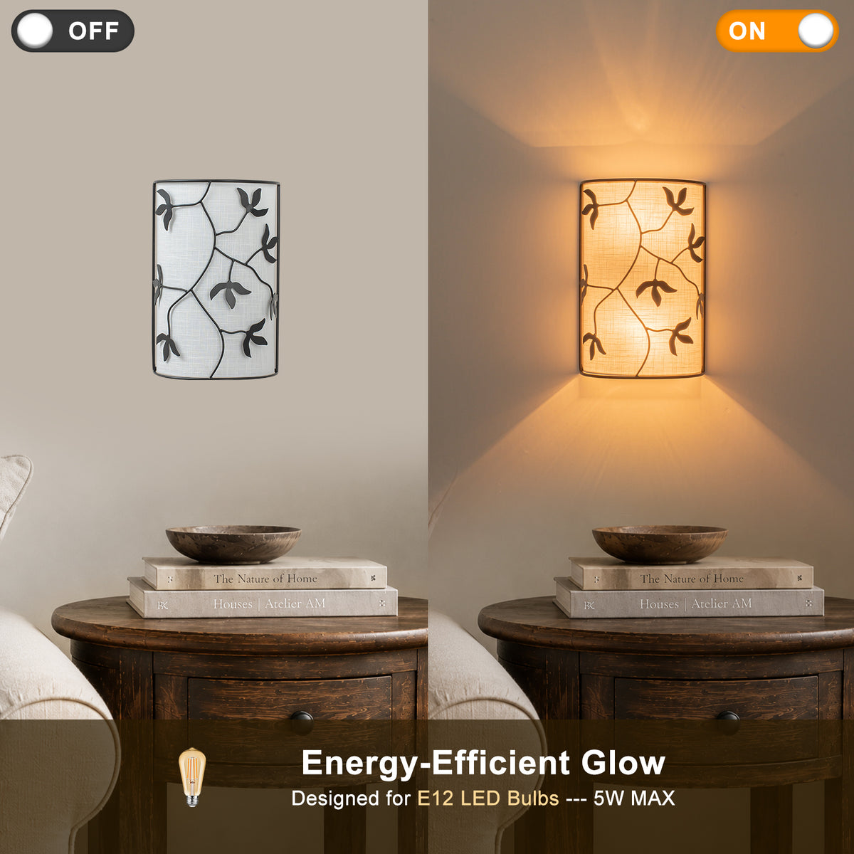 2-Light Black Floral Branch Wall Sconce White Linen Fabric Shade - product image 9 | Zenvolit