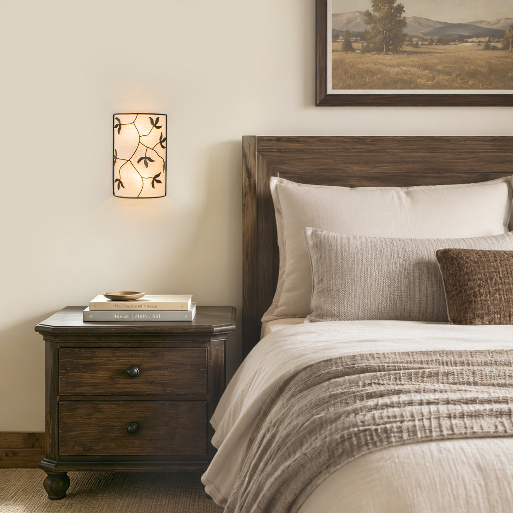 2-Light Black Floral Branch Wall Sconce White Linen Fabric Shade - product image 12 | Zenvolit