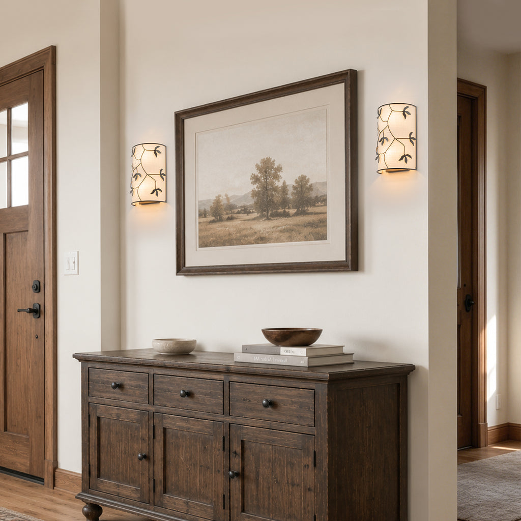 2-Light Black Floral Branch Wall Sconce White Linen Fabric Shade - product image 13 | Zenvolit