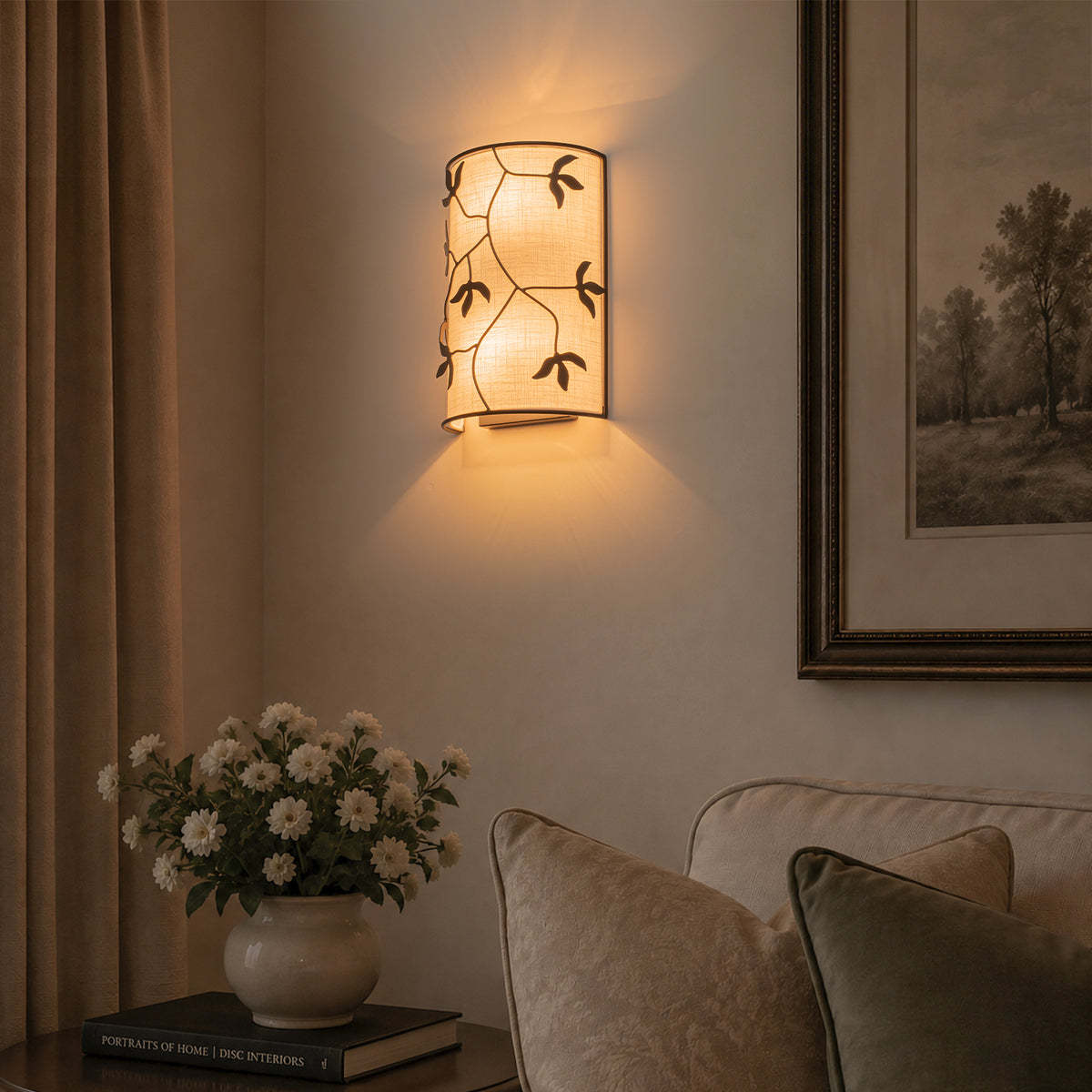 2-Light Black Floral Branch Wall Sconce White Linen Fabric Shade - product image 14 | Zenvolit