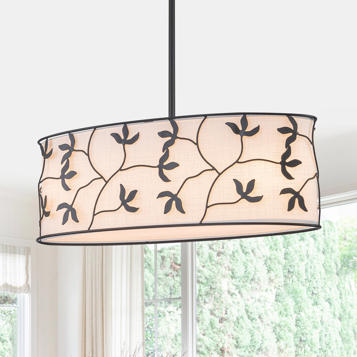 4-Light Modern White Pendant Light Linear Chandelier Leaf Linen Shade - product image 2 | Zenvolit