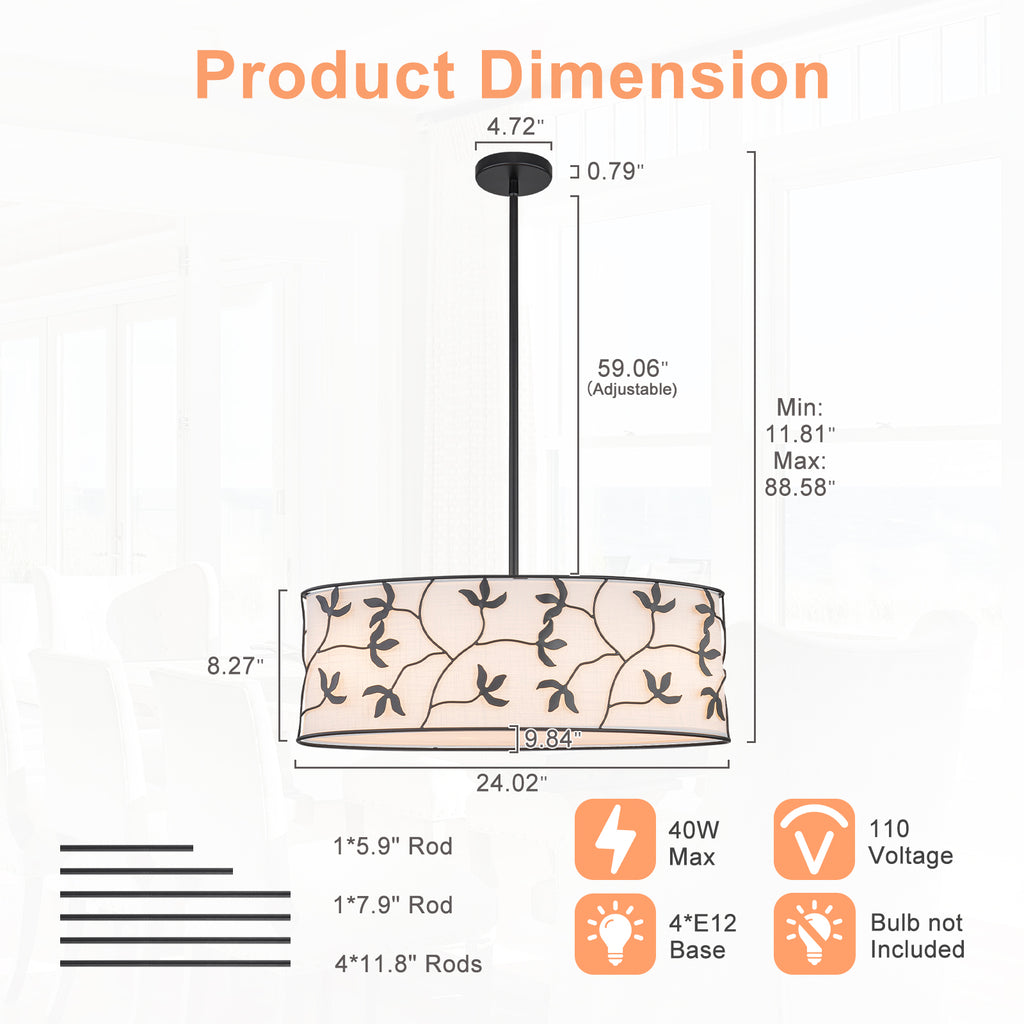 4-Light Modern White Pendant Light Linear Chandelier Leaf Linen Shade - product image 8 | Zenvolit