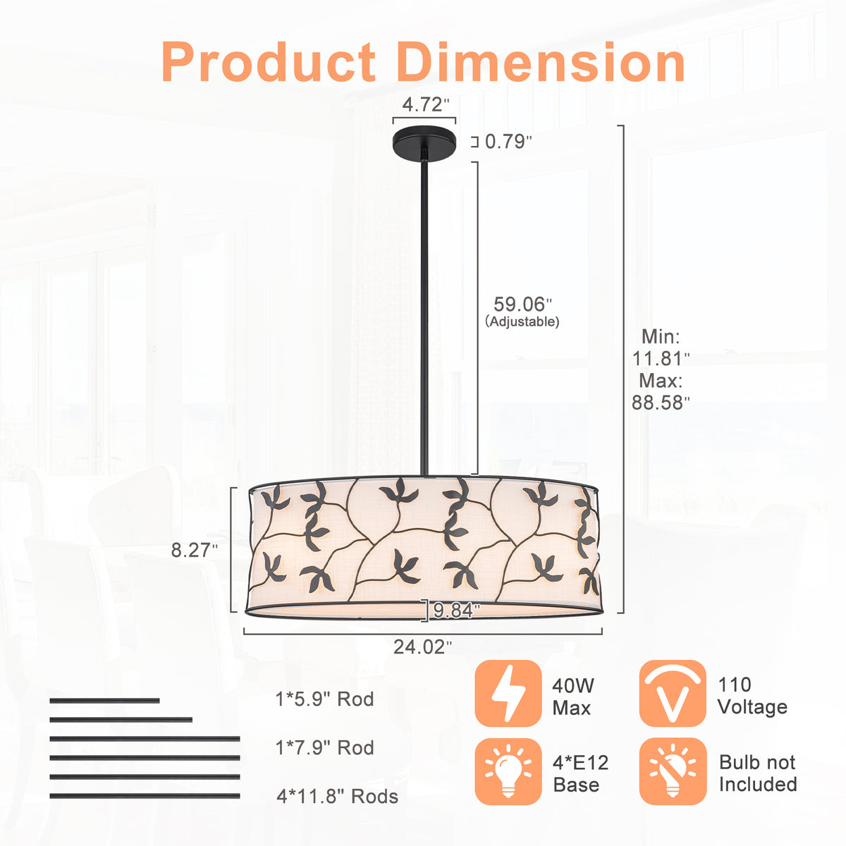 4-Light Modern White Pendant Light Linear Chandelier Leaf Linen Shade - product image 8 | Zenvolit