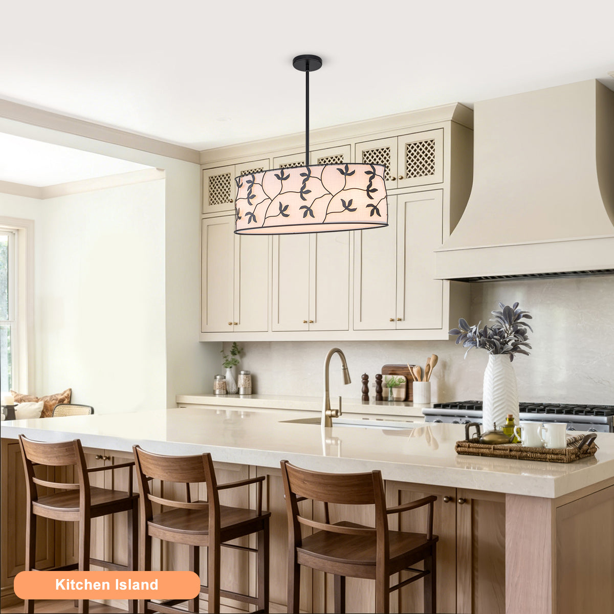 4-Light Modern White Pendant Light Linear Chandelier Leaf Linen Shade - product image 13 | Zenvolit