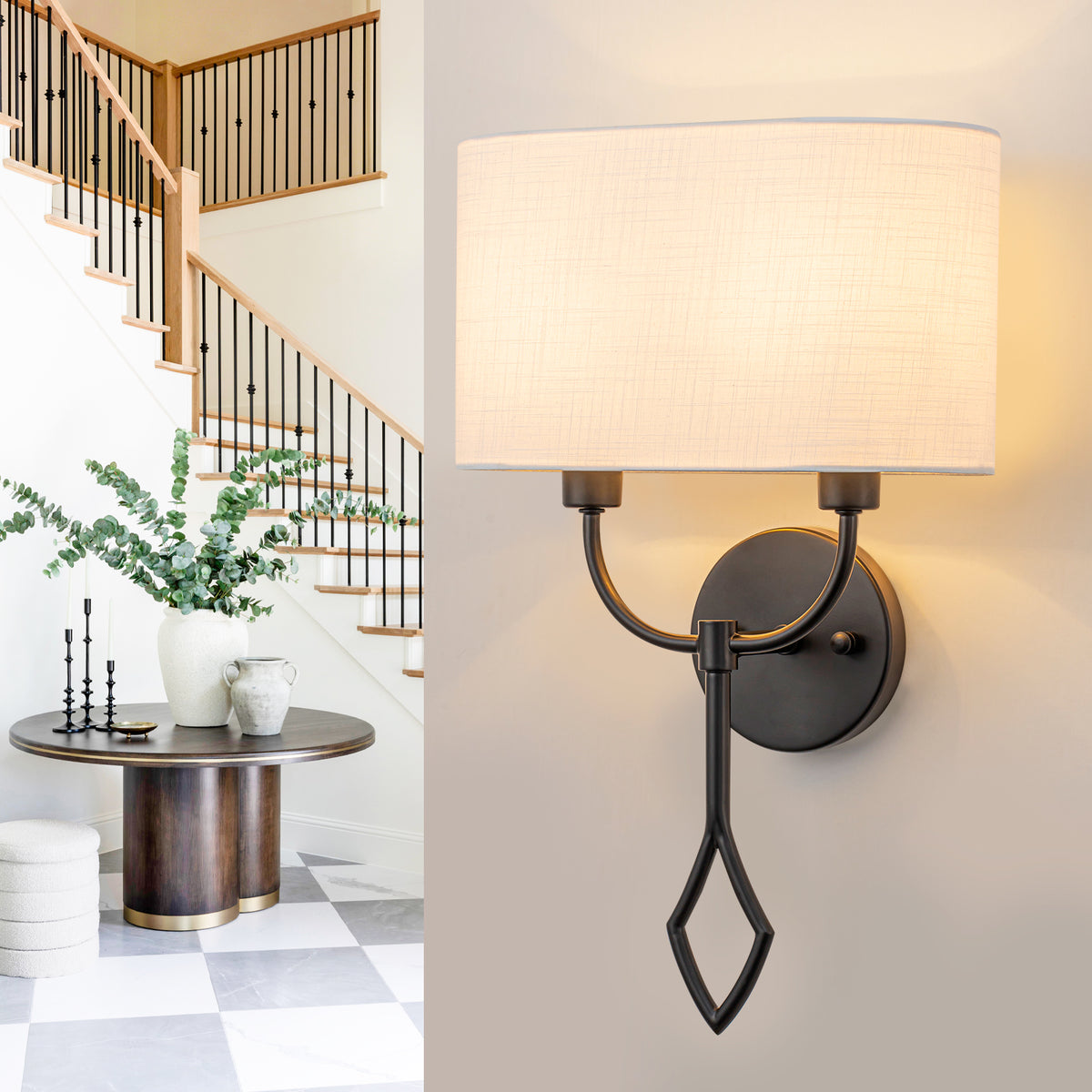 Black 2-Light Modern Wall Sconce White Linen Fabric Shade Bathroom Bedroom - product image 2 | Zenvolit