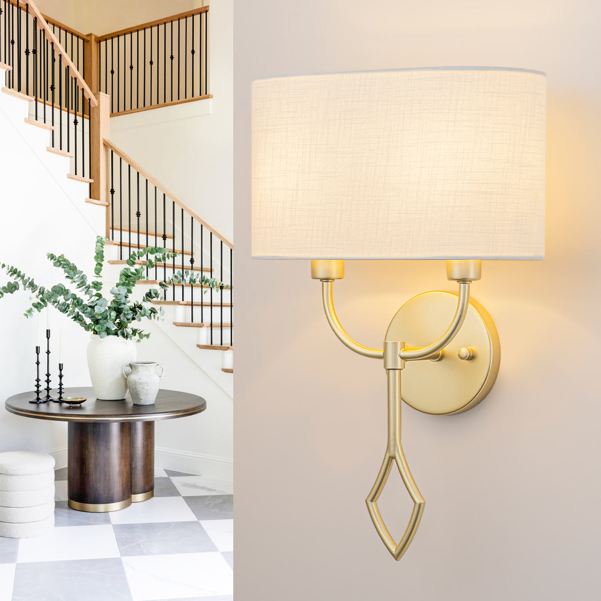 Gold 2-Light Modern Wall Sconce White Linen Fabric Shade Bathroom Bedroom - product image 2 | Zenvolit