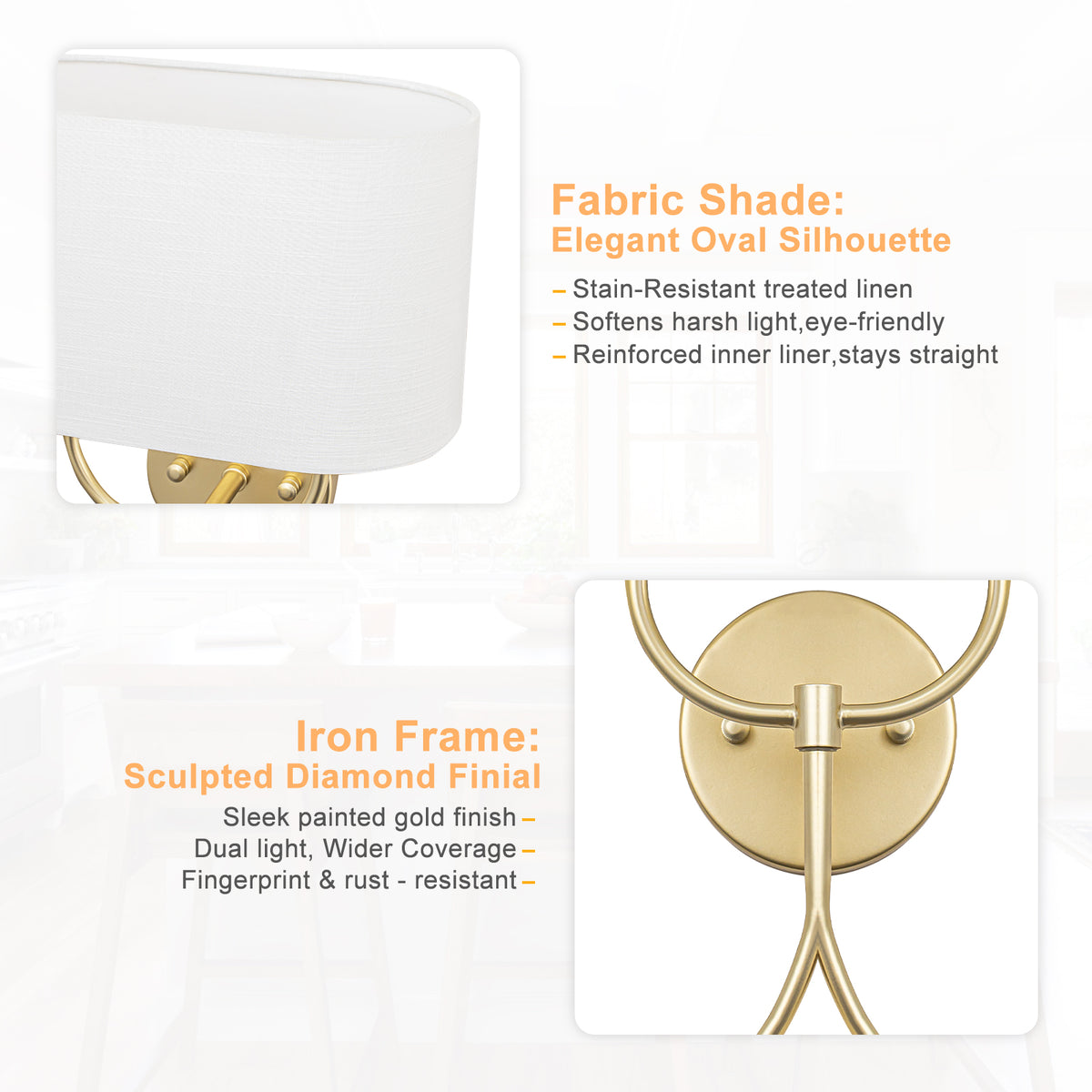 Gold 2-Light Modern Wall Sconce White Linen Fabric Shade Bathroom Bedroom - product image 4 | Zenvolit