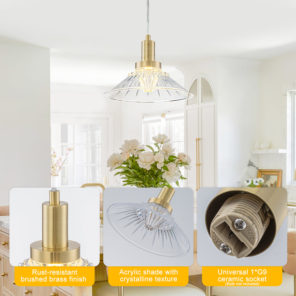 Modern Gold Pendant Light Clear Acrylic Shade Bedroom Kitchen Island - product image 3 | Zenvolit