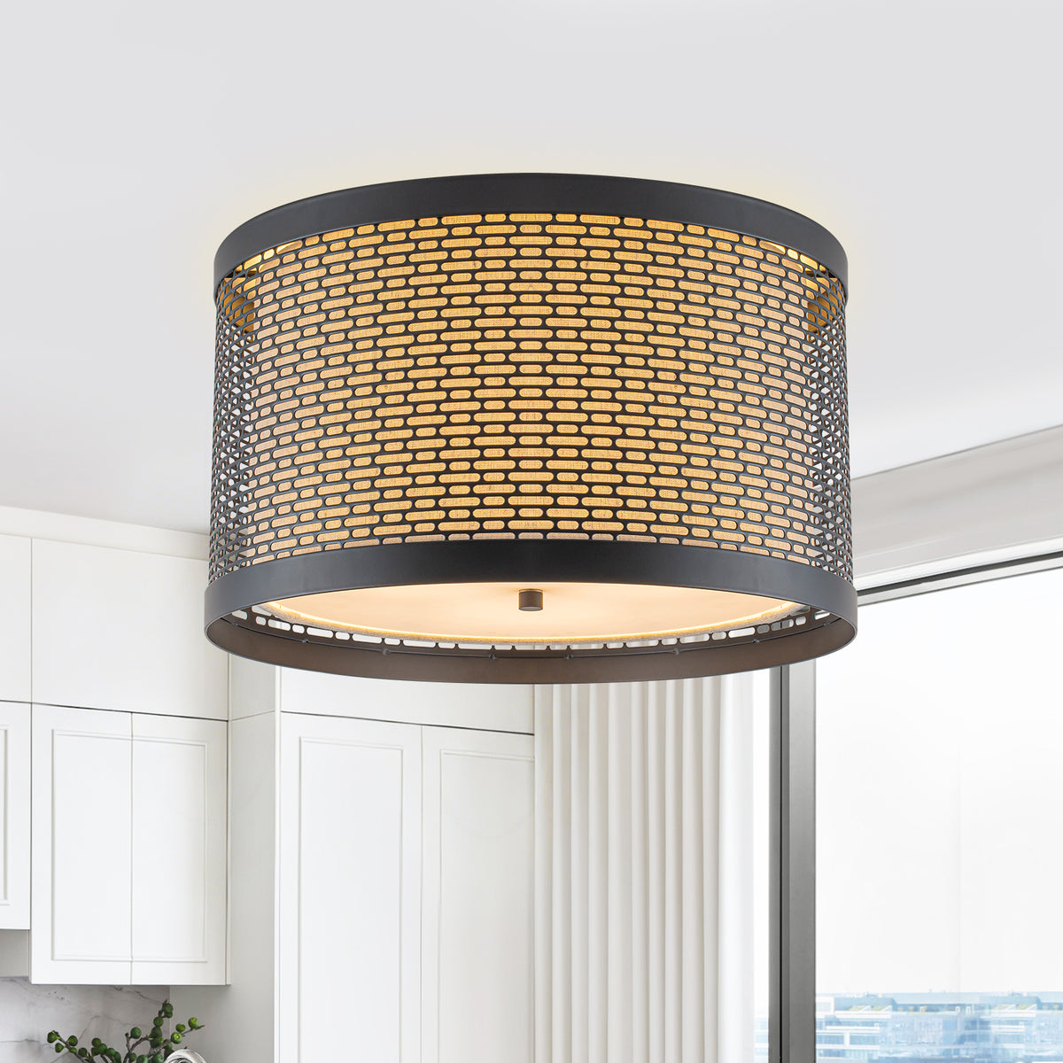 Matte Black Metal Mesh Flush Mount Light Fabric Liner 3-Light - product image 3 | Zenvolit