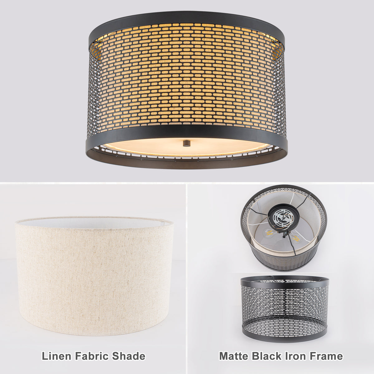 Matte Black Metal Mesh Flush Mount Light Fabric Liner 3-Light - product image 4 | Zenvolit