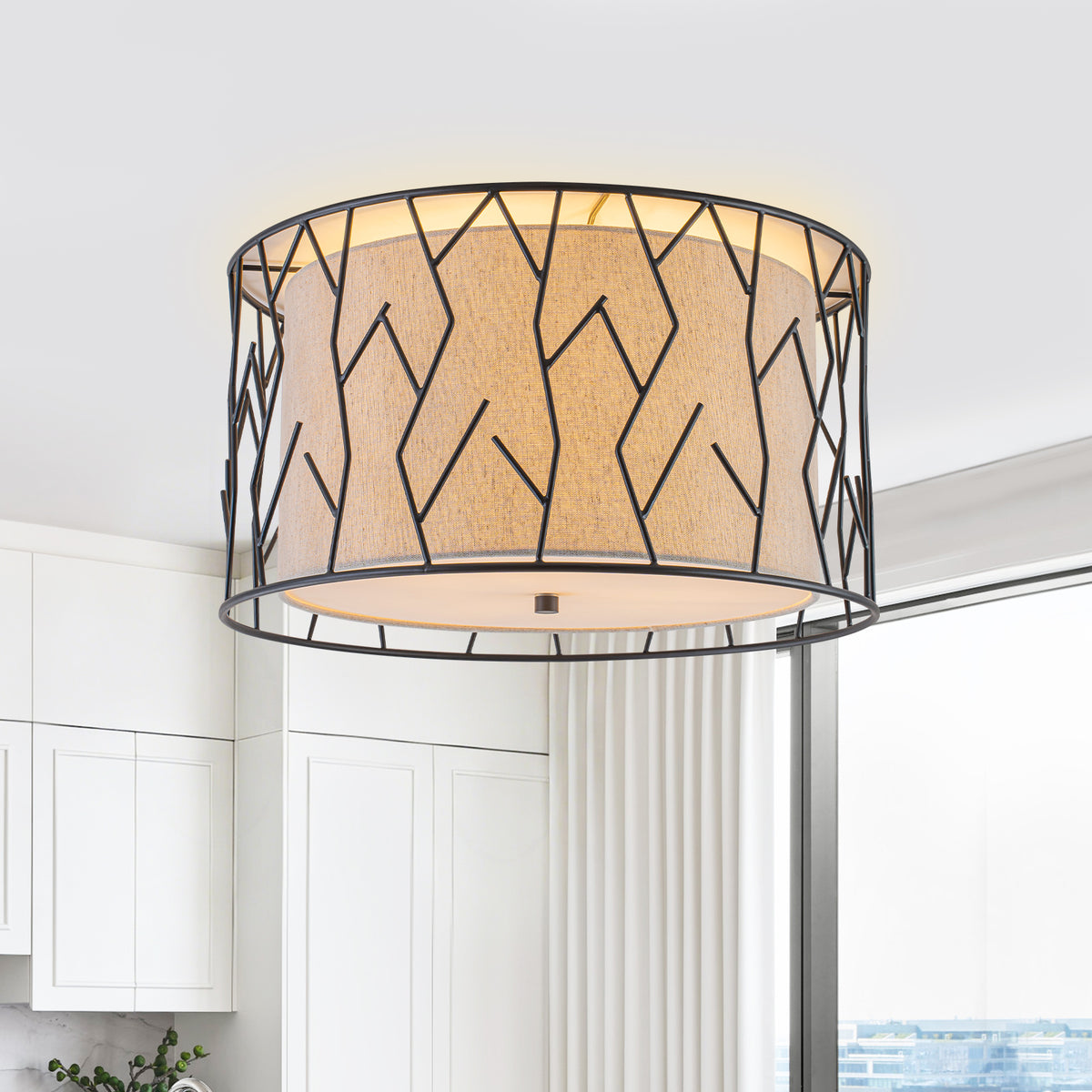 Black Geometric Metal Cage Flush Mount Fabric Shade 3-Light Ceiling - product image 2 | Zenvolit