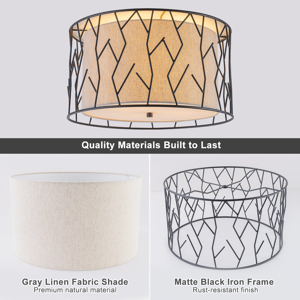 Black Geometric Metal Cage Flush Mount Fabric Shade 3-Light Ceiling - product image 3 | Zenvolit