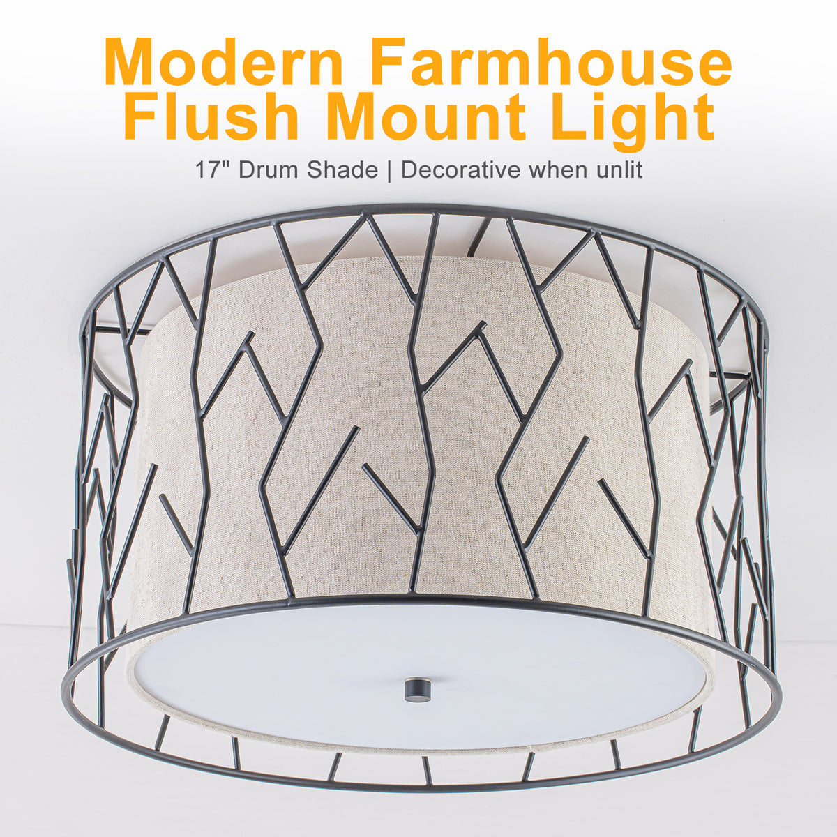 Black Geometric Metal Cage Flush Mount Fabric Shade 3-Light Ceiling - product image 5 | Zenvolit