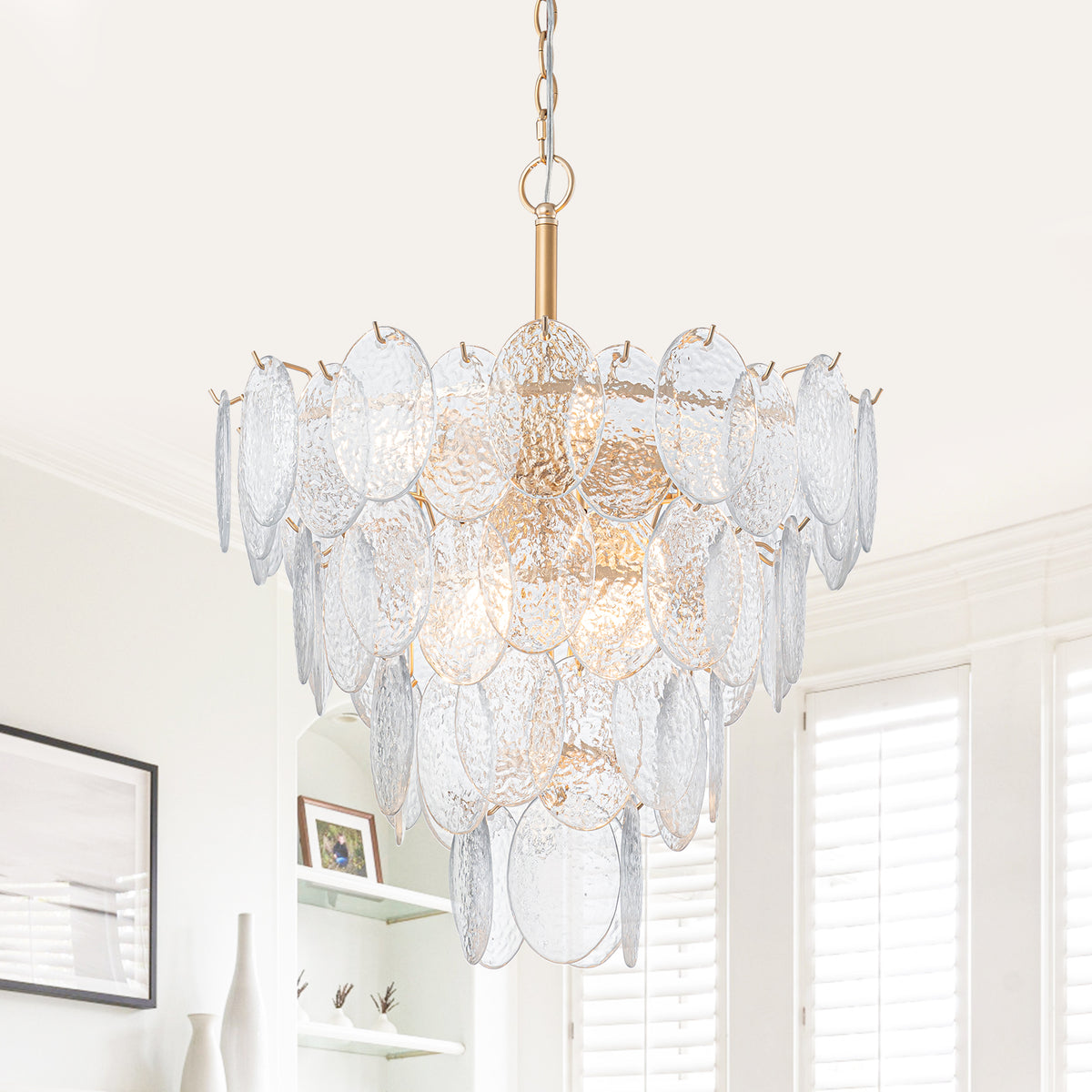 9-Light Modern Gold Tiered Chandelier Hammered Clear Oval Glass Shade - product image 2 | Zenvolit