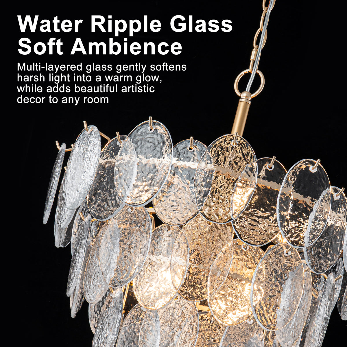 9-Light Modern Gold Tiered Chandelier Hammered Clear Oval Glass Shade - product image 3 | Zenvolit