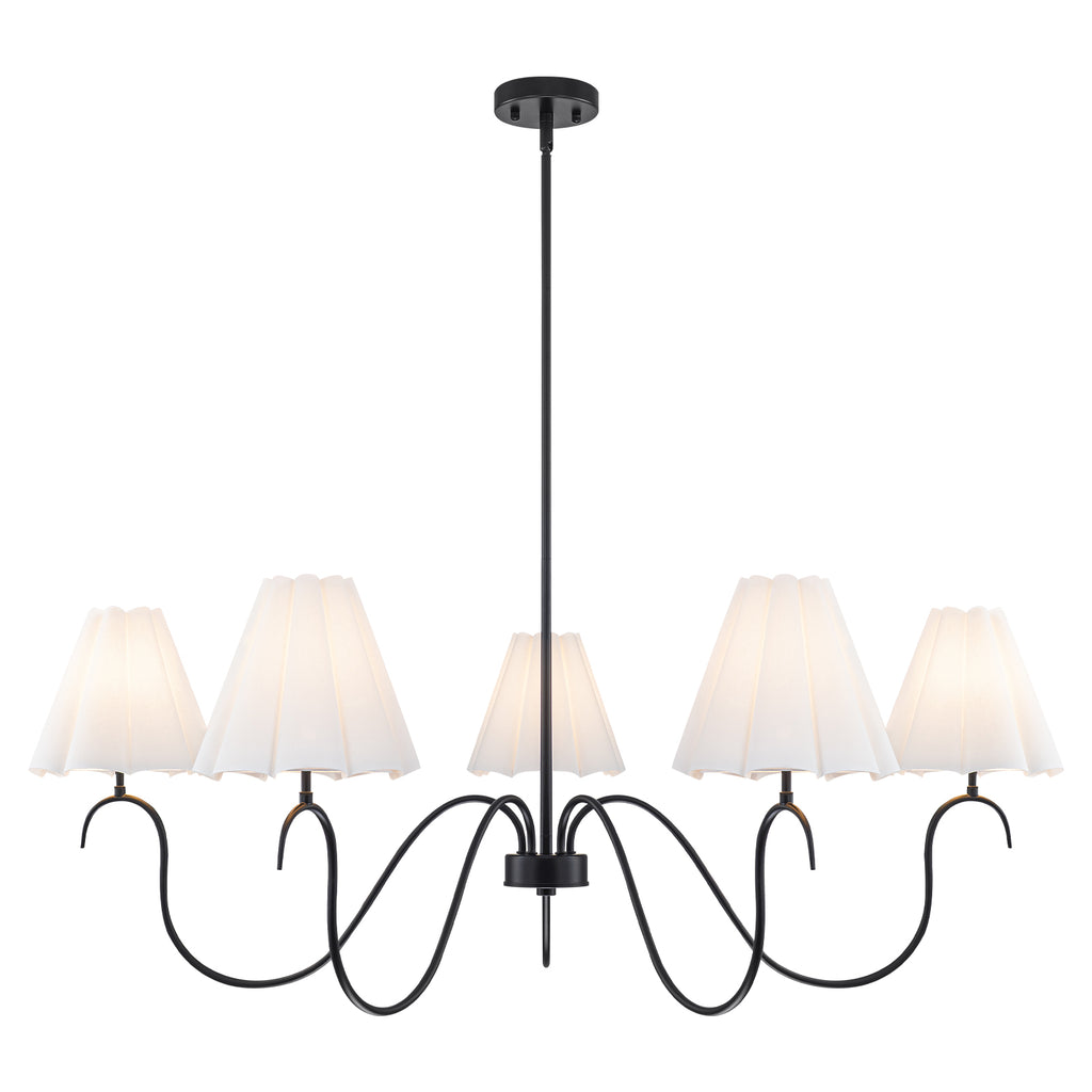 5-Light Matte Black Curved Iron Chandelier with White Fabric Shade - product image 1 | Zenvolit