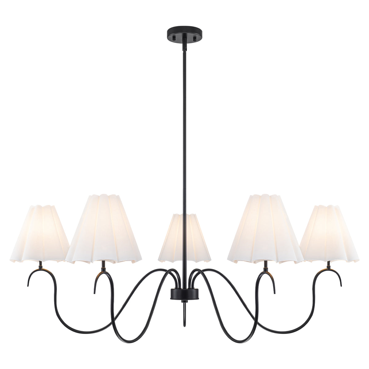 5-Light Matte Black Curved Iron Chandelier with White Fabric Shade - product image 1 | Zenvolit