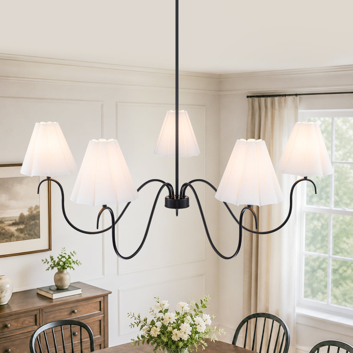 5-Light Matte Black Curved Iron Chandelier with White Fabric Shade - product image 2 | Zenvolit
