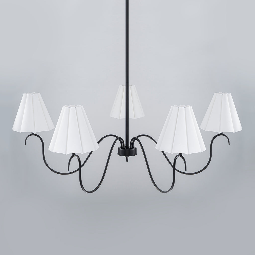 5-Light Matte Black Curved Iron Chandelier with White Fabric Shade - product image 3 | Zenvolit