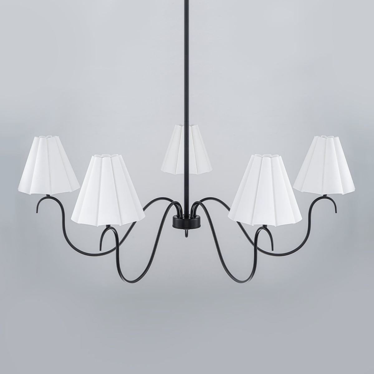 5-Light Matte Black Curved Iron Chandelier with White Fabric Shade - product image 3 | Zenvolit