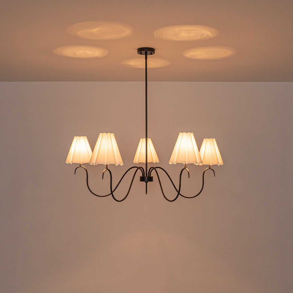 5-Light Matte Black Curved Iron Chandelier with White Fabric Shade - product image 6 | Zenvolit